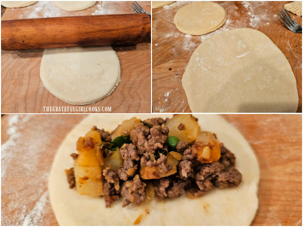 The empanada dough is rolled out more, then beef filling is added.