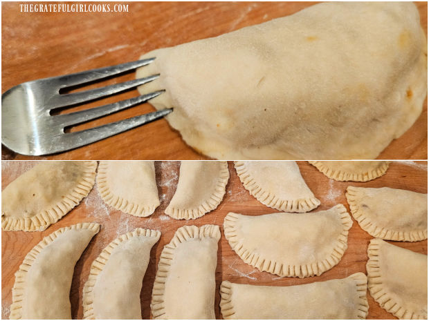 Empanada dough is sealed over the filling, then edges are crimped with a fork.