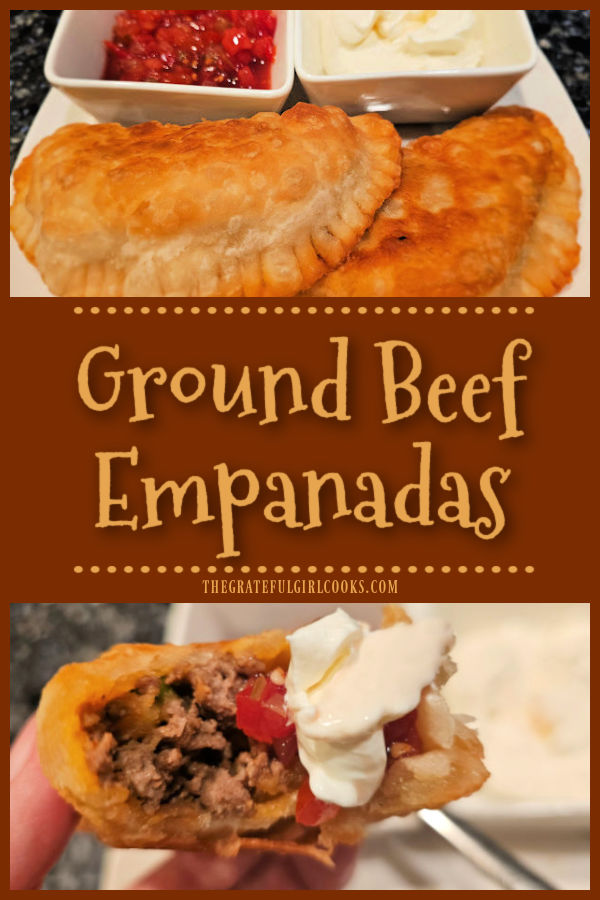 Make a dozen delicious Ground Beef Empanadas with meat, potatoes, Mexican spices and peas stuffed inside a fried, flaky pastry dough crust. 
