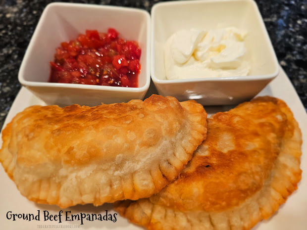 Make a dozen delicious Ground Beef Empanadas with meat, potatoes, Mexican spices and peas stuffed inside a fried, flaky pastry dough crust. 