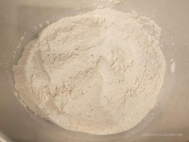 Cherry Chocolate Chip Scones - The Grateful Girl Cooks! Flour, sugar, baking powder and salt are combined in a large bowl.