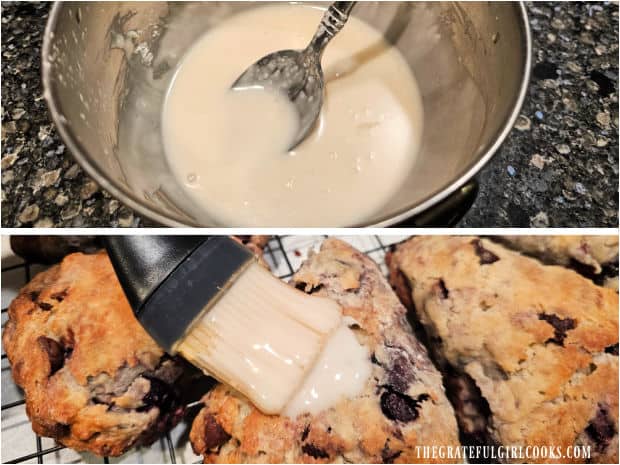 Cherry Chocolate Chip Scones - The Grateful Girl Cooks! A simple glaze is made, and it is brushed onto the surface of the scones until covered.