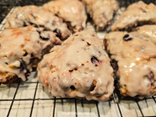 Cherry Chocolate Chip Scones - The Grateful Girl Cooks! Glazed scones cool until the glaze has become firm.