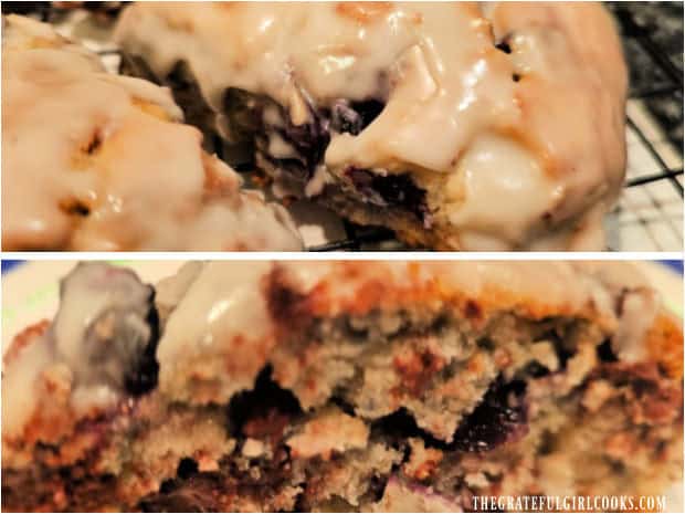 Cherry Chocolate Chip Scones - The Grateful Girl Cooks! A side view of a scone, filled with chopped cherries and chocolate chips.
