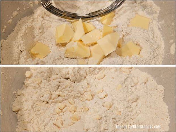 Cherry Chocolate Chip Scones - The Grateful Girl Cooks! Cold butter chunks are cut into the flour mixture until small, using a pastry blender.