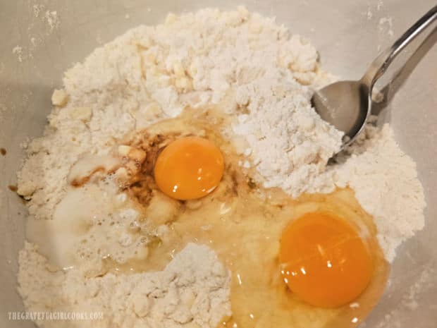 Cherry Chocolate Chip Scones - The Grateful Girl Cooks! Two large eggs and vanilla extract is combined with dry ingredients for the dough.