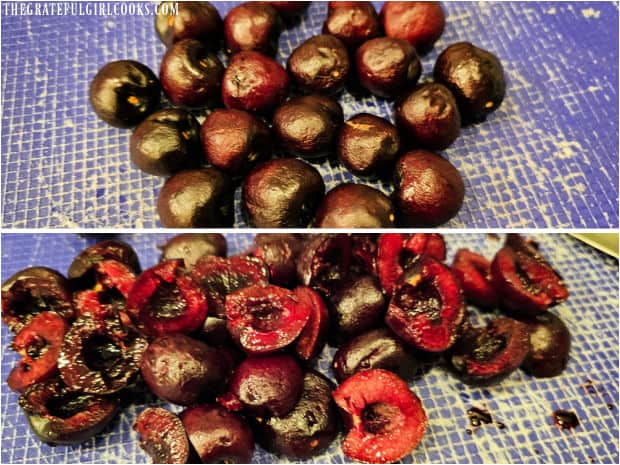 Cherry Chocolate Chip Scones - The Grateful Girl Cooks! Fresh cherries are pitted and then chopped into smaller pieces.