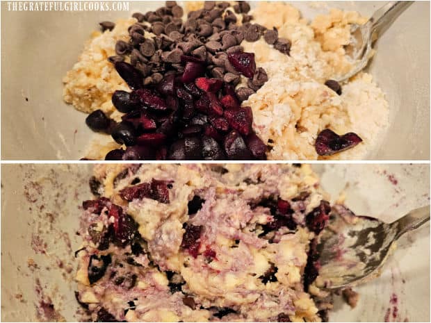 Cherry Chocolate Chip Scones - The Grateful Girl Cooks! Chocolate chips and chopped cherries are added to the dough mixture.