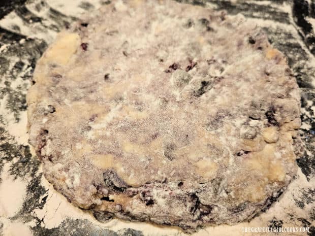 Cherry Chocolate Chip Scones - The Grateful Girl Cooks! Cherry chocolate chip scone dough is shaped into an 8" circle.