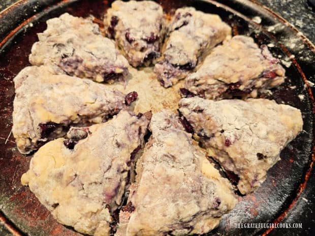 Cherry Chocolate Chip Scones - The Grateful Girl Cooks! Scone dough is sliced into 8 wedges and placed on a baking sheet.