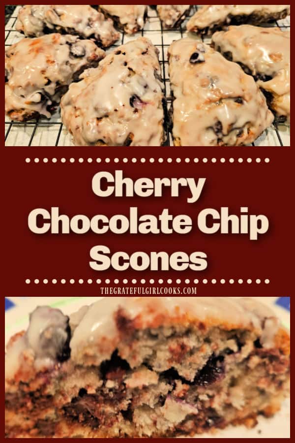 Cherry Chocolate Chip Scones - The Grateful Girl Cooks! Enjoy delicious Cherry Chocolate Chip Scones for breakfast or as an afternoon snack with coffee or tea! The recipe makes 8 yummy scones!