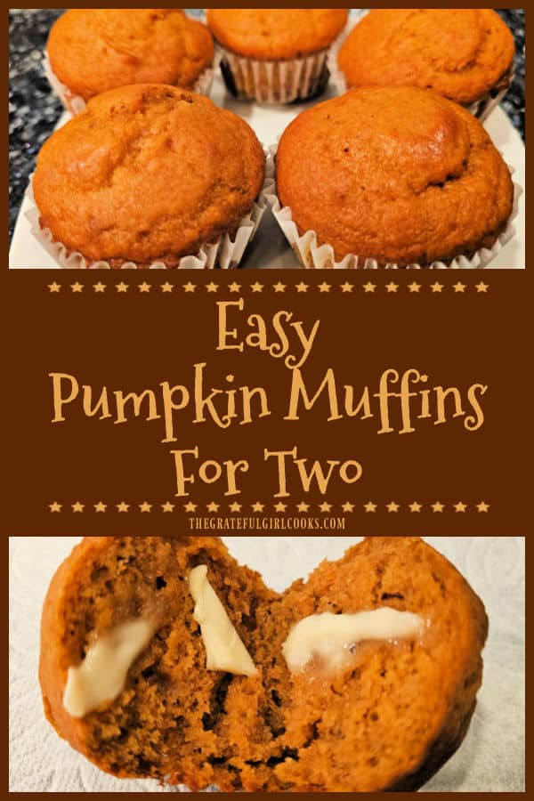 Make Easy Pumpkin Muffins For Two! This simple recipe makes 6 absolutely delicious pumpkin-spiced muffins to serve for breakfasts or snacks!