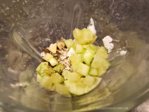 Chopped cucumber, yogurt, feta, dill, garlic and salt are blended together.