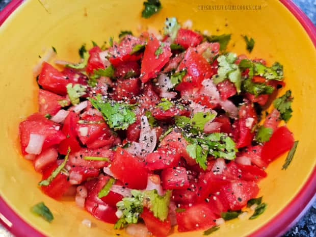 The pico de gallo is seasoned to taste with salt and pepper.