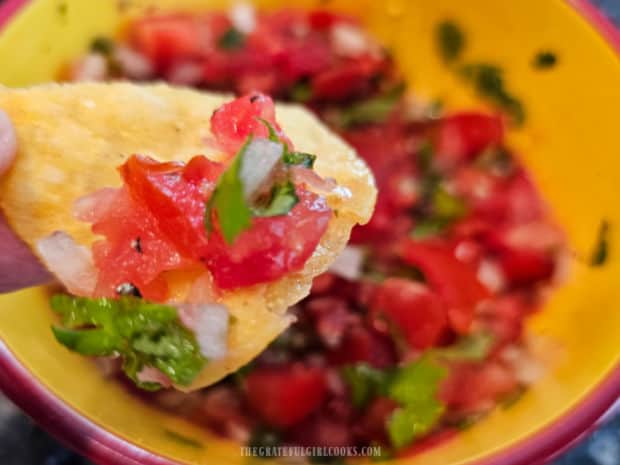 A close-up photo of a bite of Homemade Pico de Gallo on a tortilla chip.