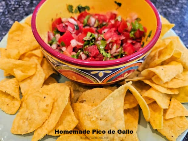 It's quick and easy to make Homemade Pico de Gallo! Serve this chunky salsa with tortilla chips or add to tacos, burritos, quesadillas, etc.