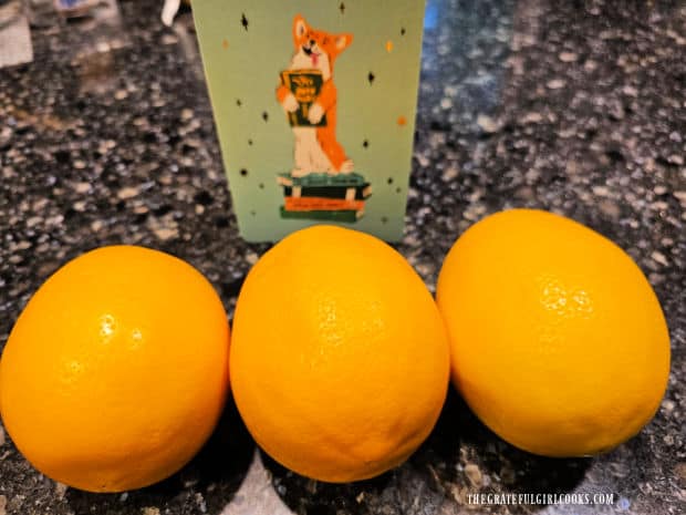 Three home-grown Meyer lemons given to me from a friend, and I used one for this recipe.