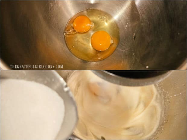 Two eggs are beaten well, then granulated sugar is added and beat in.