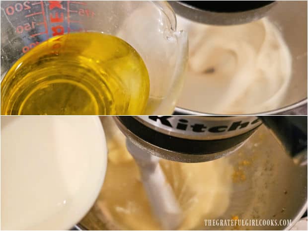Olive oil is beaten into egg mixture, then milk, lemon juice and zest is also beaten in.