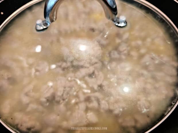Turkey Veggie Orzo Skillet - The Grateful Girl Cooks! Skillet is covered and orzo cooks for 9-10 minutes until liquid is absorbed.