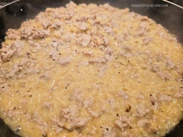 Turkey Veggie Orzo Skillet - The Grateful Girl Cooks! Orzo and sauce are stirred occasionally to prevent orzo from sticking.