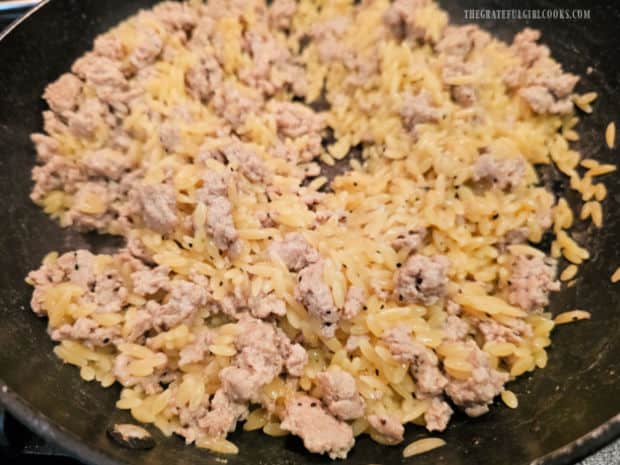 Turkey Veggie Orzo Skillet - The Grateful Girl Cooks! Liquid has been fully absorbed, and the cooked orzo is tender to the bite.
