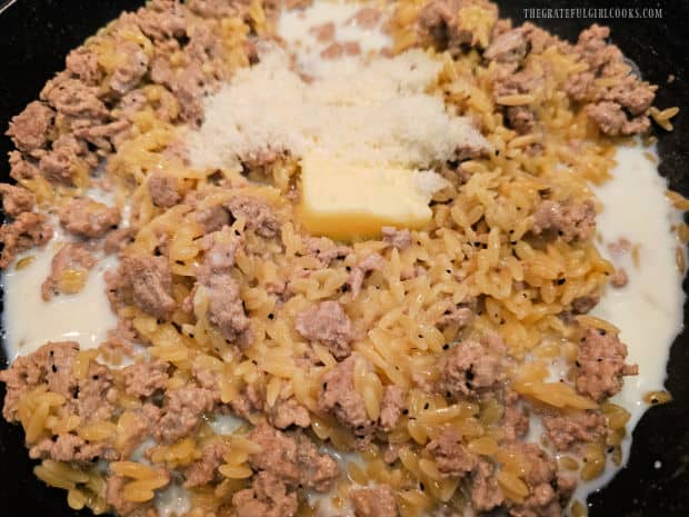 Turkey Veggie Orzo Skillet - The Grateful Girl Cooks! Butter, grated Parmesan and milk are stirred into the cooked turkey and orzo.
