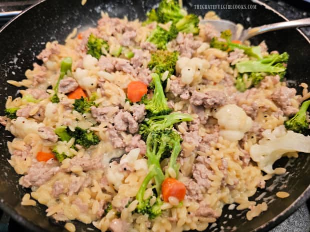 Turkey Veggie Orzo Skillet - The Grateful Girl Cooks! Steamed vegetables are gently stirred into the turkey veggie orzo skillet.