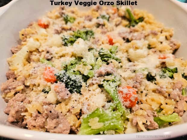 Turkey Veggie Orzo Skillet - The Grateful Girl Cooks! Turkey Veggie Orzo Skillet is a delicious dish with ground turkey, broccoli, cauliflower, carrots, orzo pasta and Parmesan in a creamy sauce.