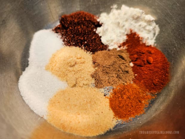 Fajita Seasoning Mix - The Grateful Girl Cooks! The spice ingredients are measured into a small bowl.
