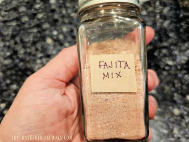 Fajita Seasoning Mix - The Grateful Girl Cooks! Fajita seasoning mix is stored in a spice jar for use.