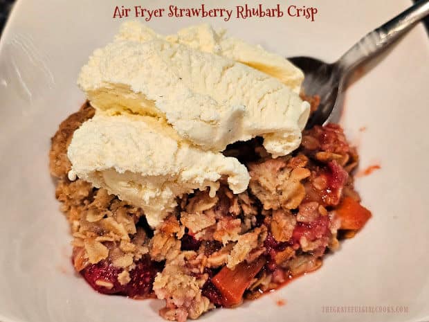 It's easy to make delicious Air Fryer Strawberry Rhubarb Crisp! Make this dessert in an air fryer when it's too hot to turn on the oven!