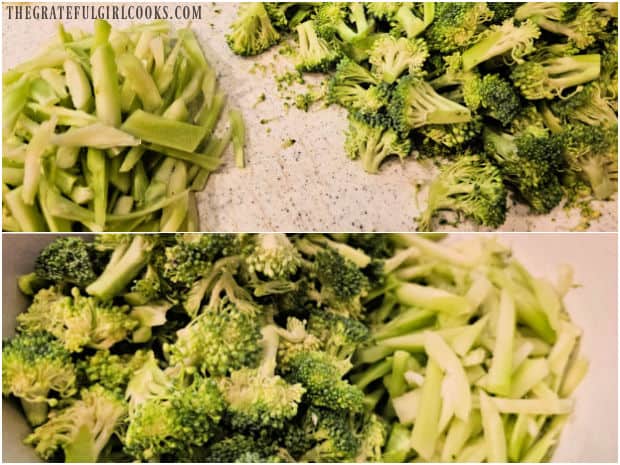 Broccoli Slaw - The Grateful Girl Cooks! Matchstick broccoli stalk slices and small florets in a bowl.
