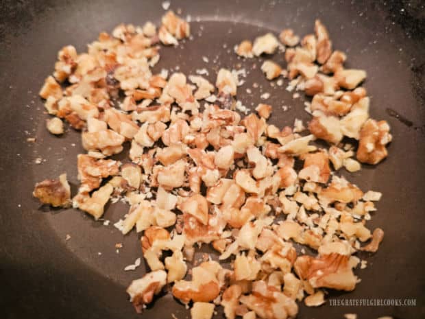 Broccoli Slaw - The Grateful Girl Cooks! Chopped walnuts are lightly "toasted" in a hot skillet.