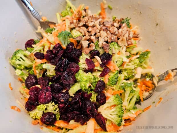 Broccoli Slaw - The Grateful Girl Cooks! Toasted walnuts and dried cranberries are added.
