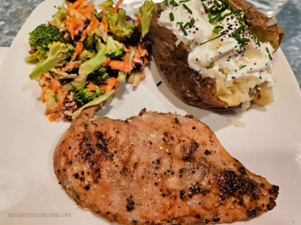 Broccoli Slaw - The Grateful Girl Cooks! Chicken and a baked potato are served along with the broccoli slaw.