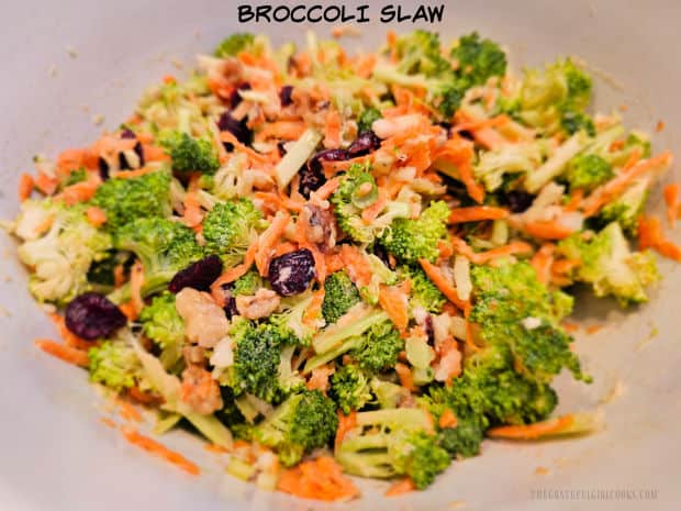 Broccoli Slaw - The Grateful Girl Cooks! Broccoli Slaw is a chilled, delicious side dish with broccoli, carrot, cabbage, dried cranberries, and walnuts in a creamy salad dressing!