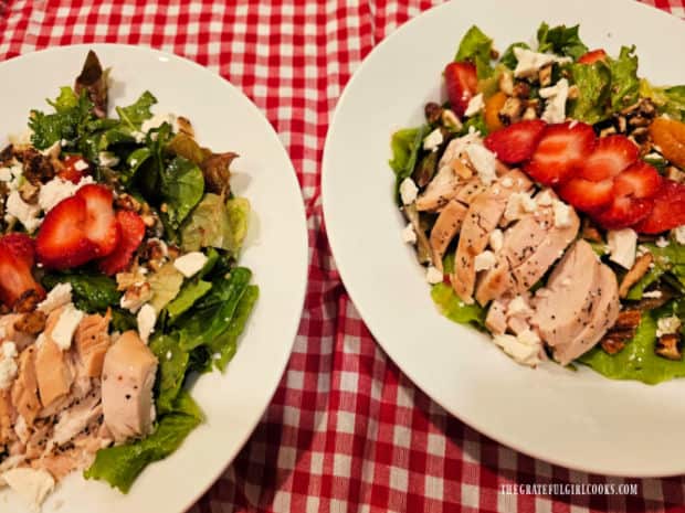 Chicken Strawberry Delight Salad - The Grateful Girl Cooks! Chicken Strawberry Delight Salad for two, ready to be enjoyed.