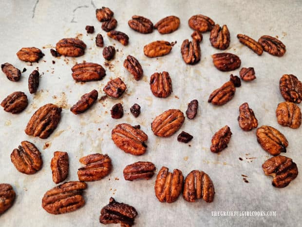 Chicken Strawberry Delight Salad - The Grateful Girl Cooks! Candied pecans rest on parchment paper while they dry.
