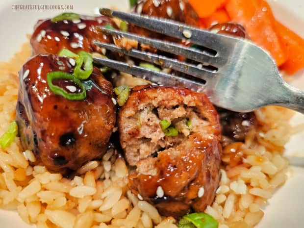 Honey Garlic Turkey Meatballs served on rice pilaf.