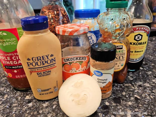 Apricot Glazed Chicken Thighs - The Grateful Girl Cooks! Ingredients are assembled to make the apricot glaze for the chicken.