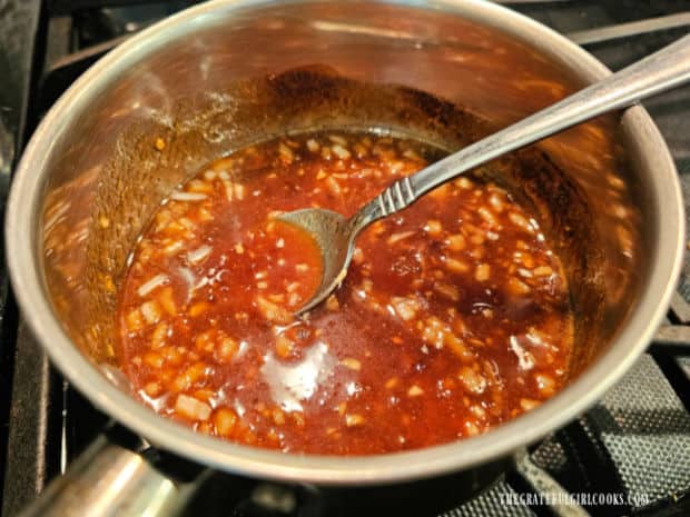 Apricot Glazed Chicken Thighs - The Grateful Girl Cooks! Apricot glaze is cooked until heated through in a saucepan.