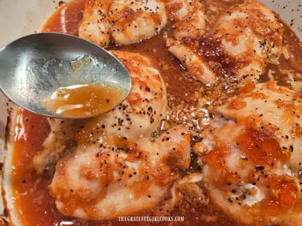 Apricot Glazed Chicken Thighs - The Grateful Girl Cooks! Halfway through baking, the chicken is basted with the apricot glaze.