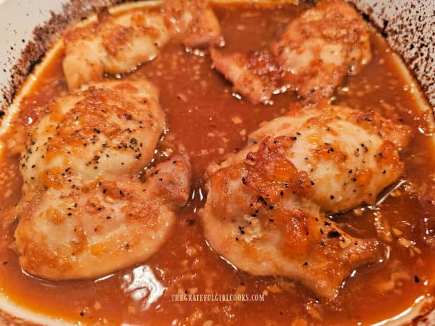 Apricot Glazed Chicken Thighs - The Grateful Girl Cooks! The apricot glazed chicken thighs are done baking and are ready to be enjoyed.