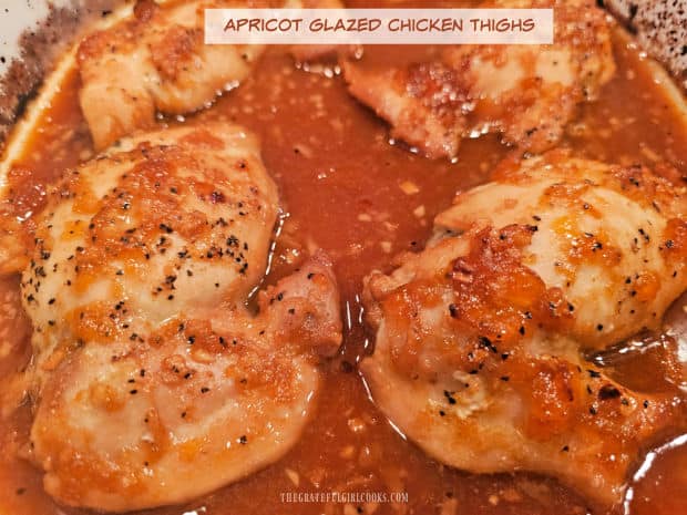 Apricot Glazed Chicken Thighs - The Grateful Girl Cooks! Apricot Glazed Chicken Thighs are delicious and very easy to make! They're coated in a sweet apricot sauce and baked until done.