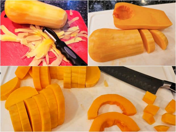 A butternut squash is peeled, seeds removed and cut into cubes for roasting.