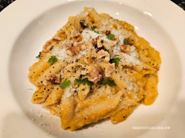The butternut squash penne pasta is topped with walnuts, Parmesan and parsley.