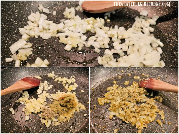 Chopped onions are cooked in oil, then seasoned with spices.