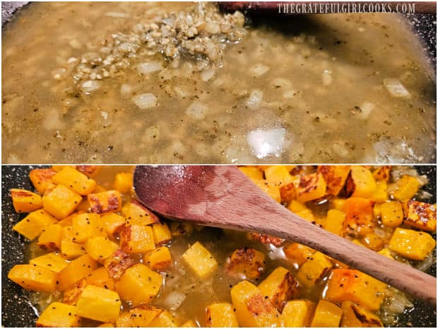 Roasted butternut squash cubes are added to seasoned broth in skillet.