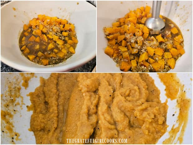 An immersion blender is used to puree the squash and sauce together.